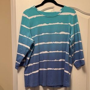 Denim&Co Aqua and Navy Striped Long Sleeve Tee
